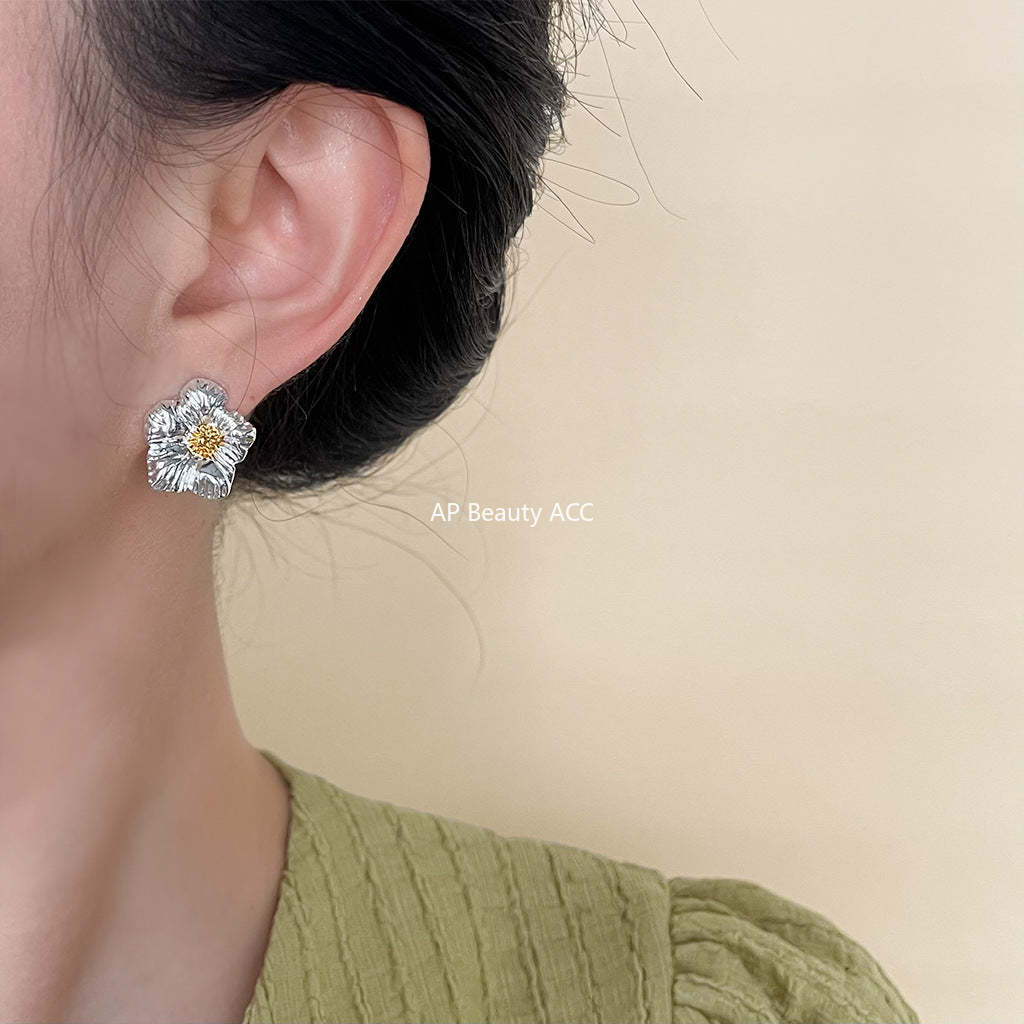 C관 - 투톤 플라워 백금 도금간결한 귀걸이 [4614] 24.07-3