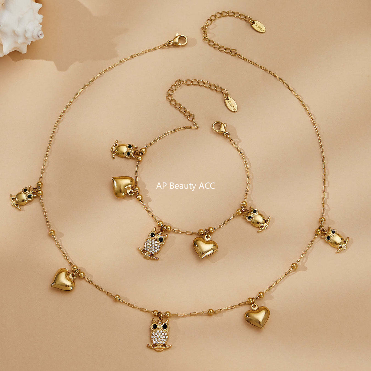 D관 - 스테인리스 스틸 18K 도금 부엉이 하트 큐빅 펜던트 목걸이 팔찌 [TXP528] 25.12-3