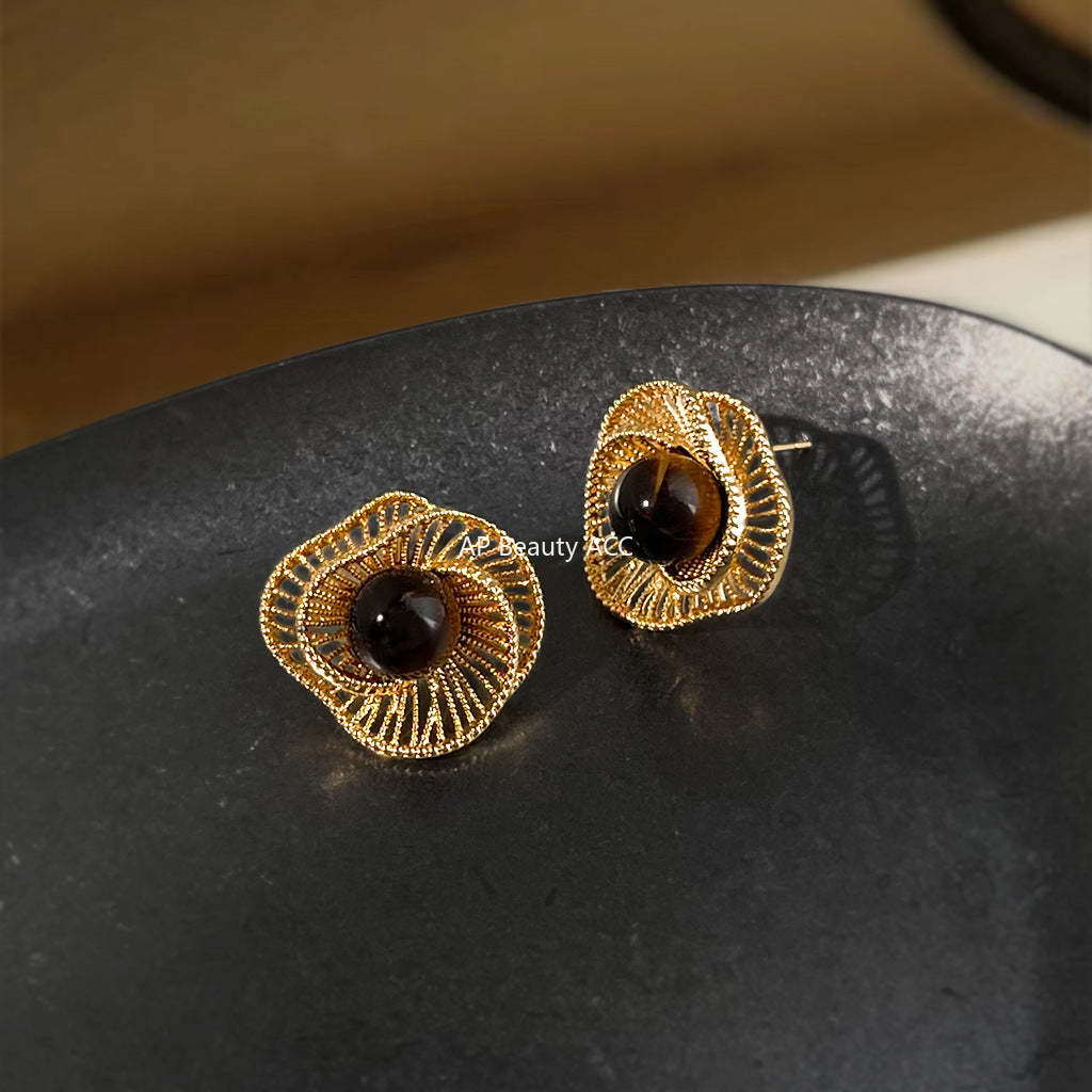 C관 - 호안석 천연석 플라워 디자인 925 은침 귀걸이 [6976] 25.10-5