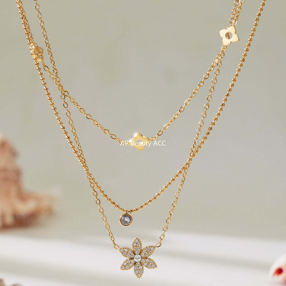 D관 - 스테인리스 스틸 플라워 풀큐빅 더블 레이어드 팔찌 목걸이 [TXP492] 25.11-4