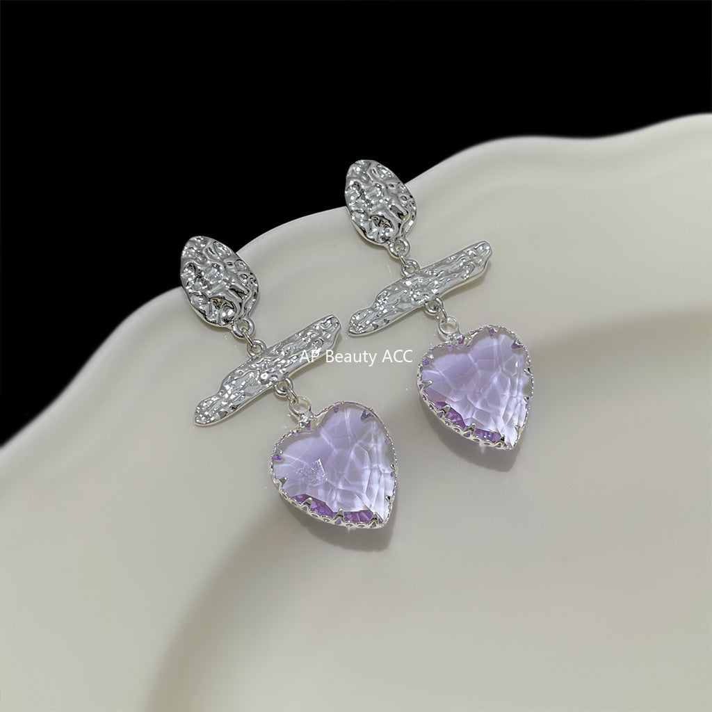 C관 - 라벤더 하트 크리스탈 925 은침 귀걸이 [6891] 25.10-2
