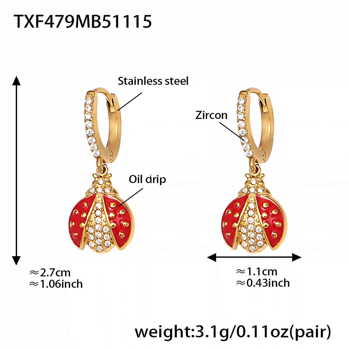D관 - 스테인리스 스틸 무당벌레 큐빅 펜던트 목걸이 귀걸이 팔찌 발찌 [TXP479] 25.11-4