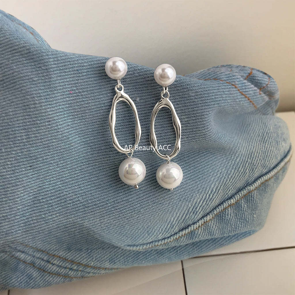 C관 - 진주 원형 드롭 롱 디자인 925 은침 귀걸이 [7109] 25.11-3