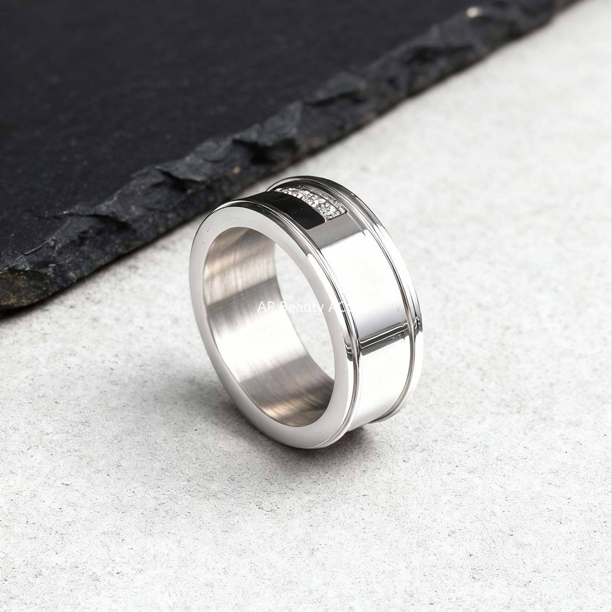 G관 - 블랙 화이트 큐빅 스테인리스 스틸 반지 [RC-970] 25.12-2