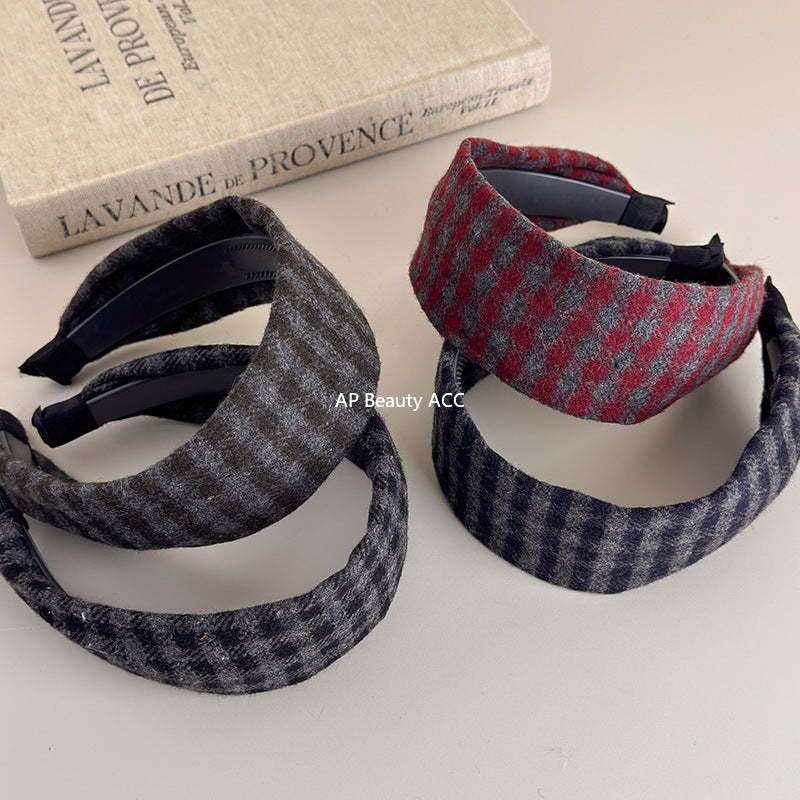 E관 - 레트로 체크무늬 패턴 와이드 머리띠 [27632] 25.11-1