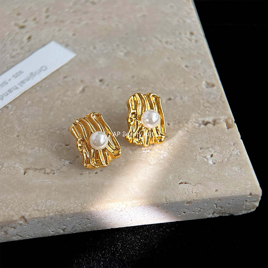 C관 - 기하학 텍스처 14K 도금 진주 심플 세련된 귀걸이 [4399] 24.07-1