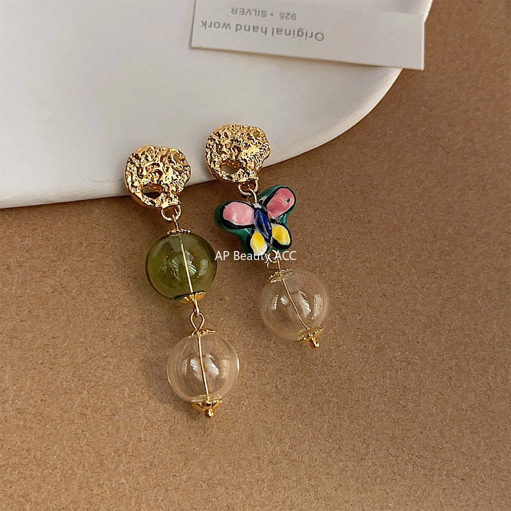 C관 - 원조 디자인 예술적인 불규칙 유리 기포 세라믹 나비 14K 도금 귀걸이 [3832] 24.04-4