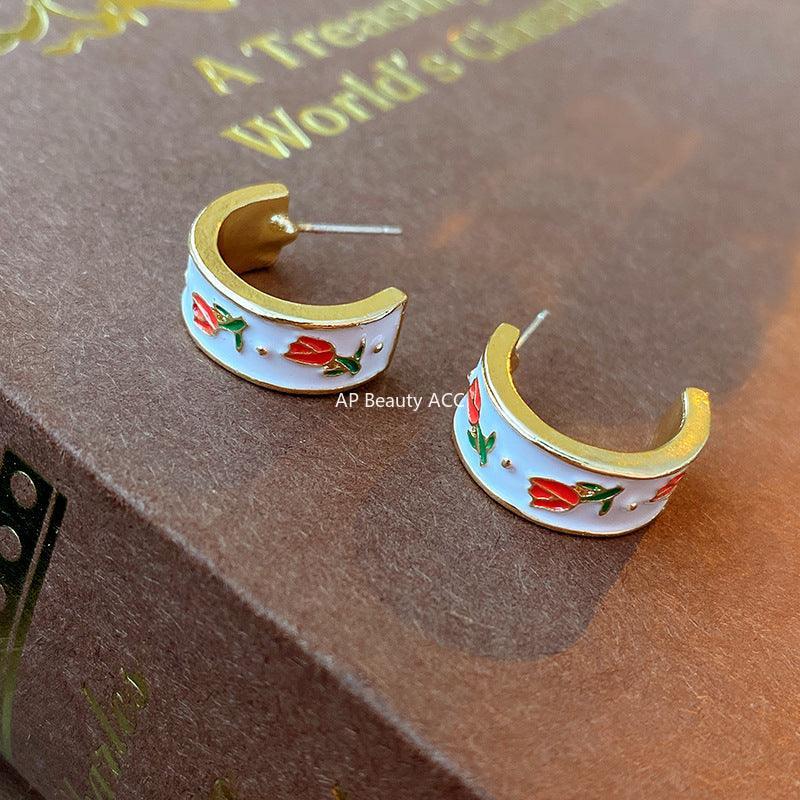 C관 - 오일 코팅 튤립 플라워 디자인 프렌치 레트로 실버 귀걸이 [E8321] 24.03-2