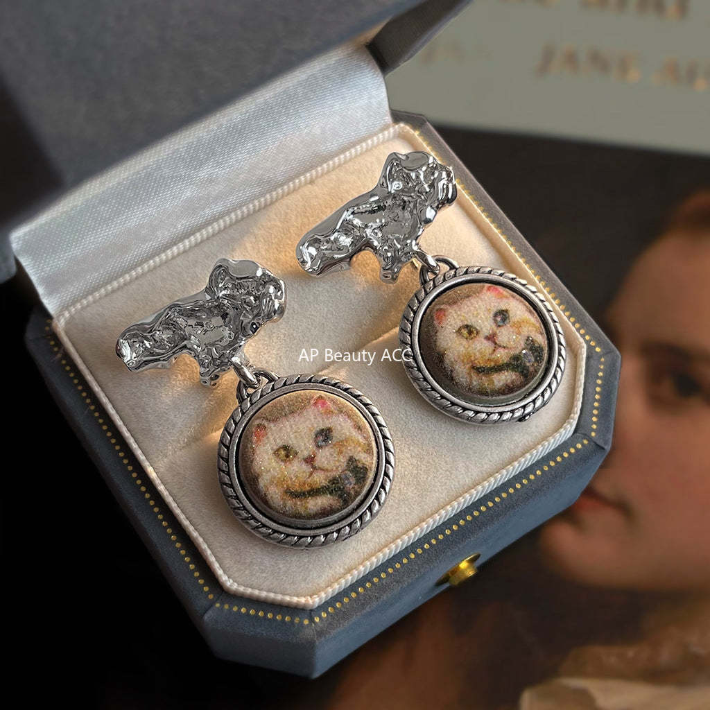 C관 - 핸드페인팅 레진 고양이 925 은침 귀걸이 [6974] 25.10-5