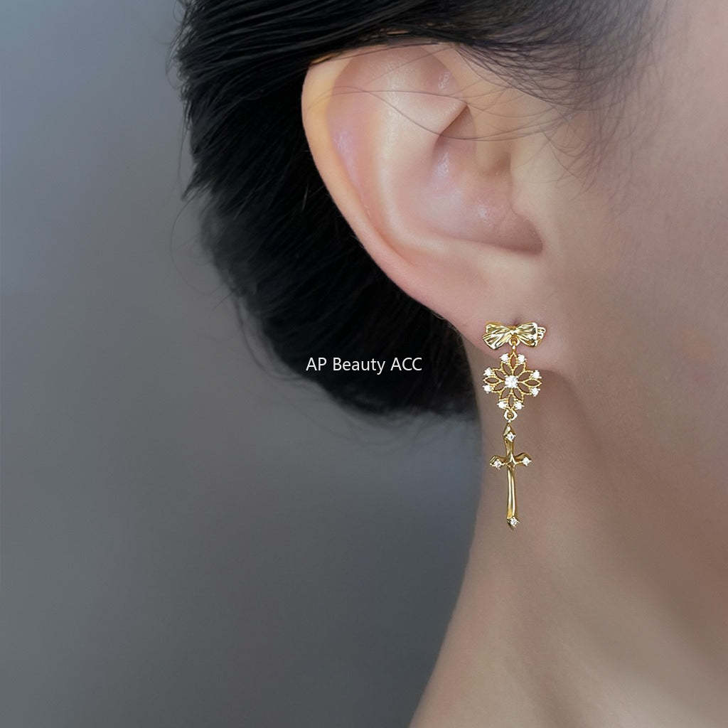 C관 - 925 은침 14K 도금 레이스 십자가 리본 귀걸이 [6828] 25.09-4