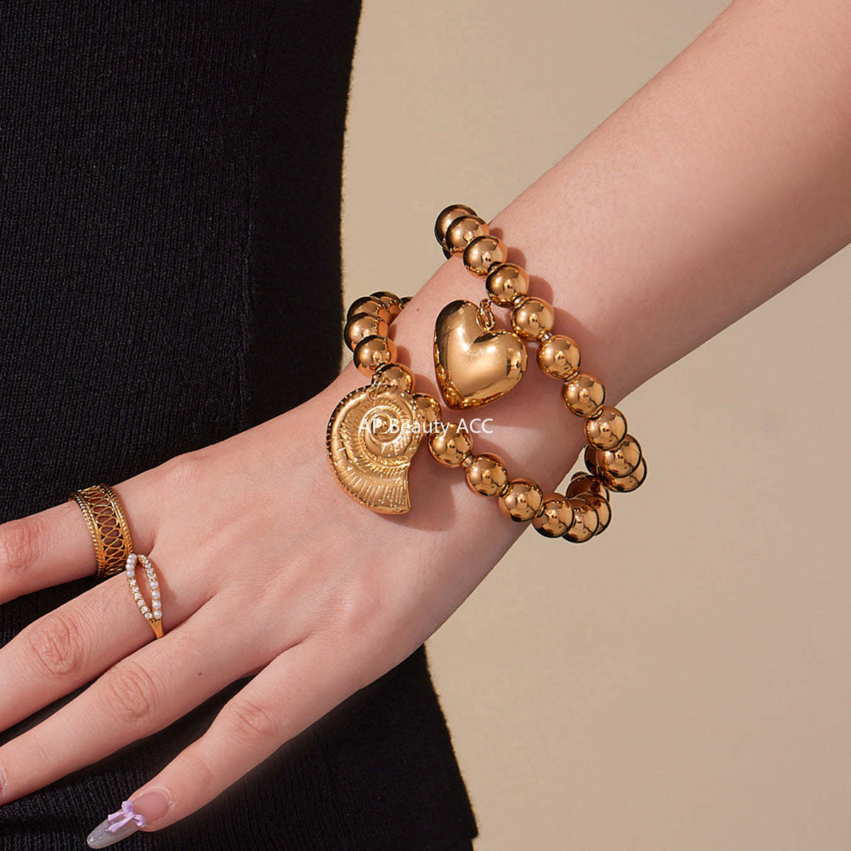 D관 - 스테인리스 18K 도금 대형 하트 펜던트 스틸볼 팔찌 [E701-E702] 25.10-5