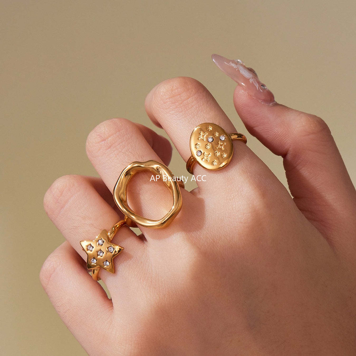 D관 - 불규칙 원형 오각별 큐빅 18K 골드 도금 오픈 반지 [A276-A335] 25.09-4