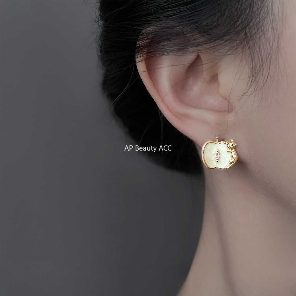 C관 - 925 은침 사과 고양이 큐빅 귀걸이 [6895] 25.10-2