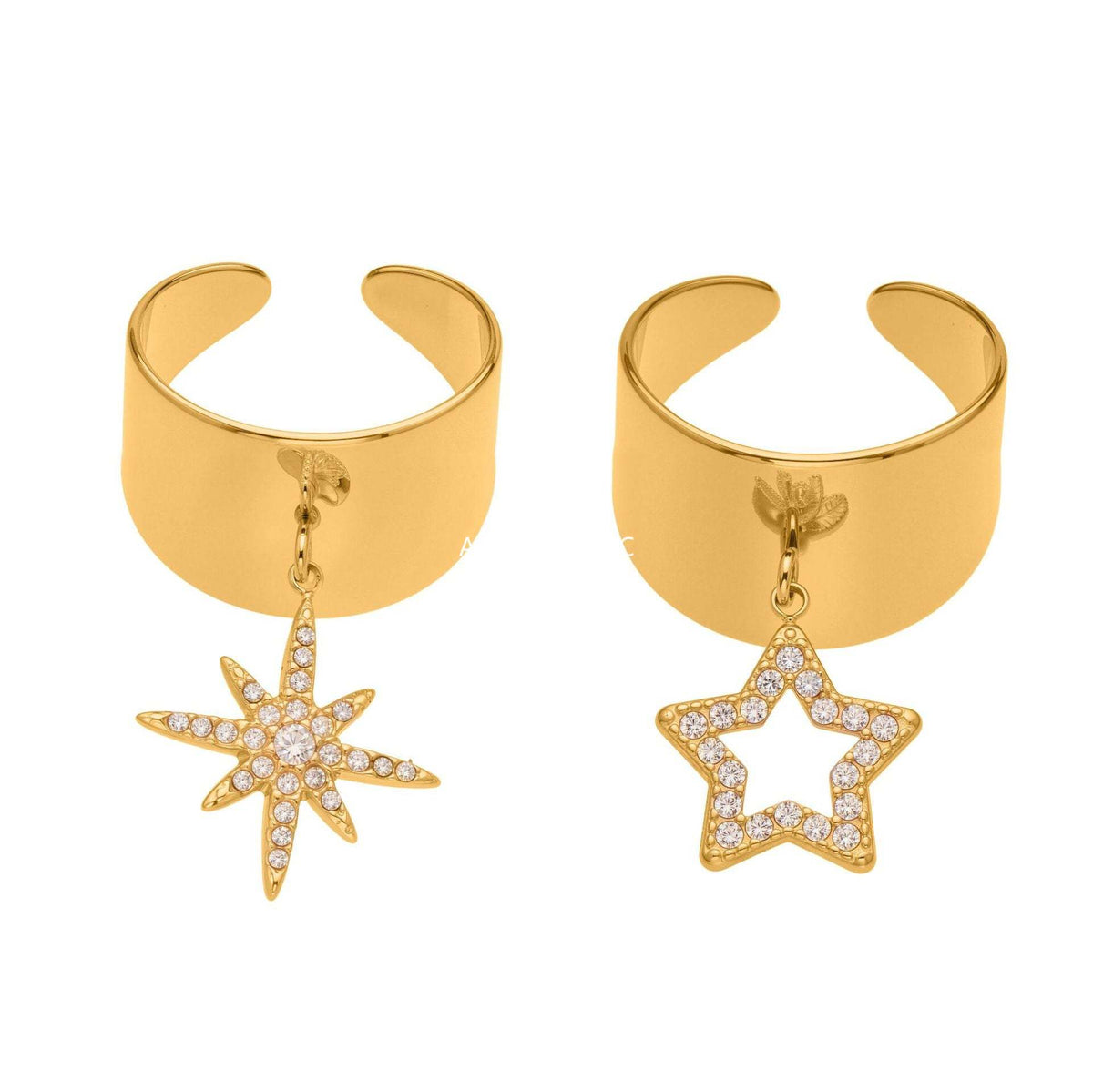 D관 - 스테인리스 스틸 와이드 별 큐빅 18K 골드 도금 오픈형 반지 [A074] 25.09-4