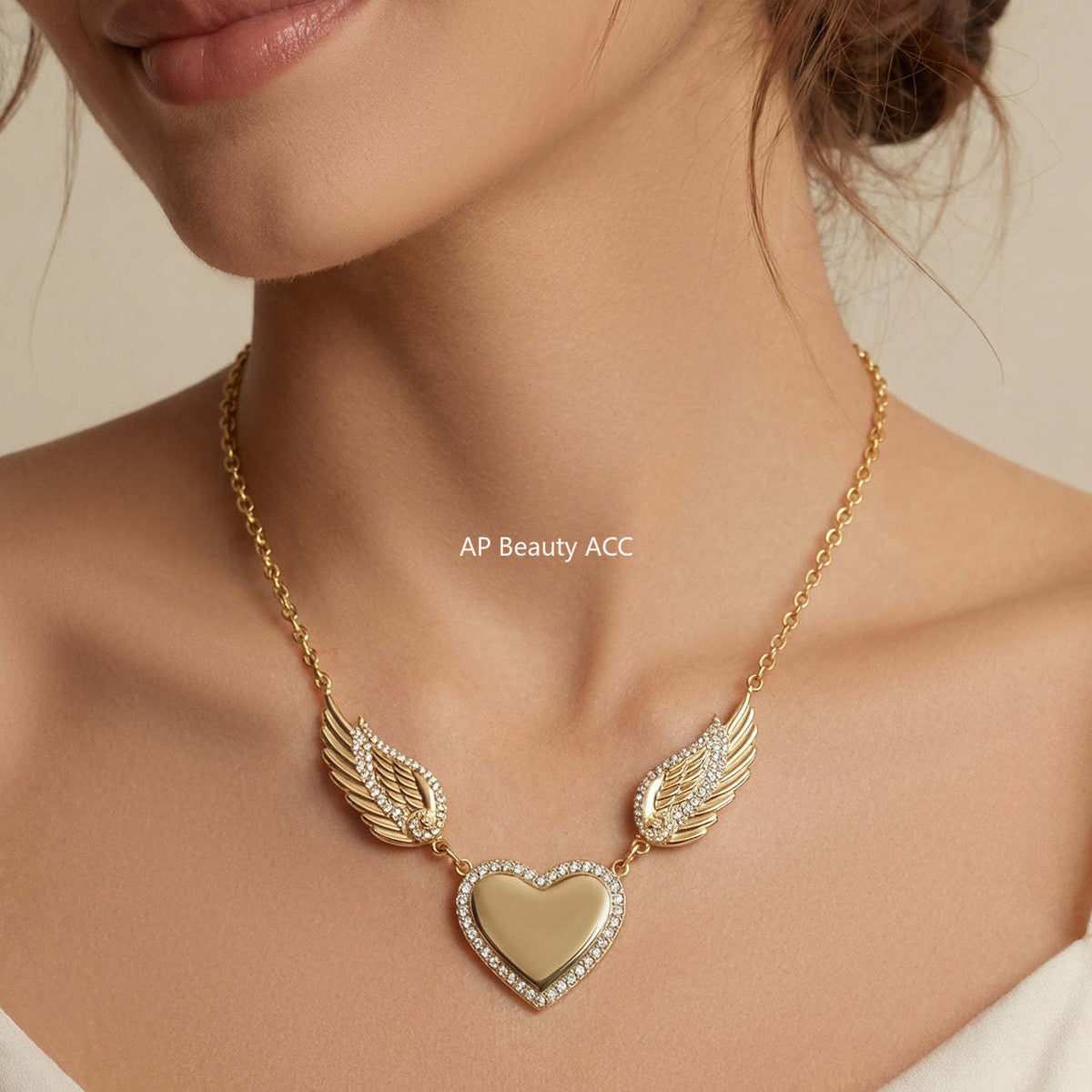 D관 - 스테인리스 스틸 18K 도금 큐빅 하트 날개 펜던트 목걸이 반지 [TXP523] 25.12-3