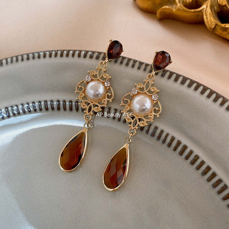 C관 - 빈티지 은침 큐빅 장식 빈티지 꽃무늬 물방울 진주 귀걸이 [E10613] 24.01-3