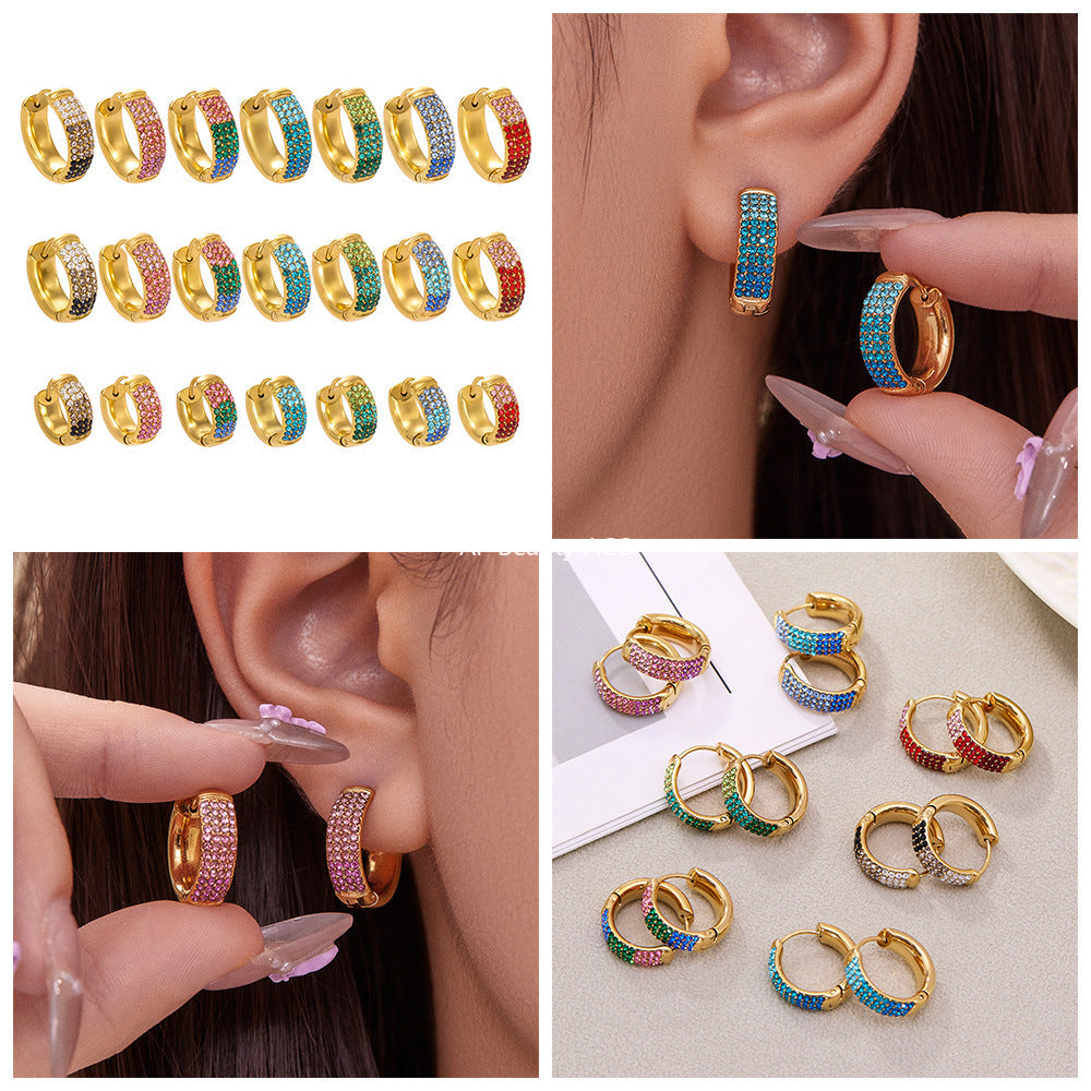 D관 - 스테인리스 컬러 믹스 큐빅 18K 도금 후프 링 귀걸이 [F931] 25.11-2