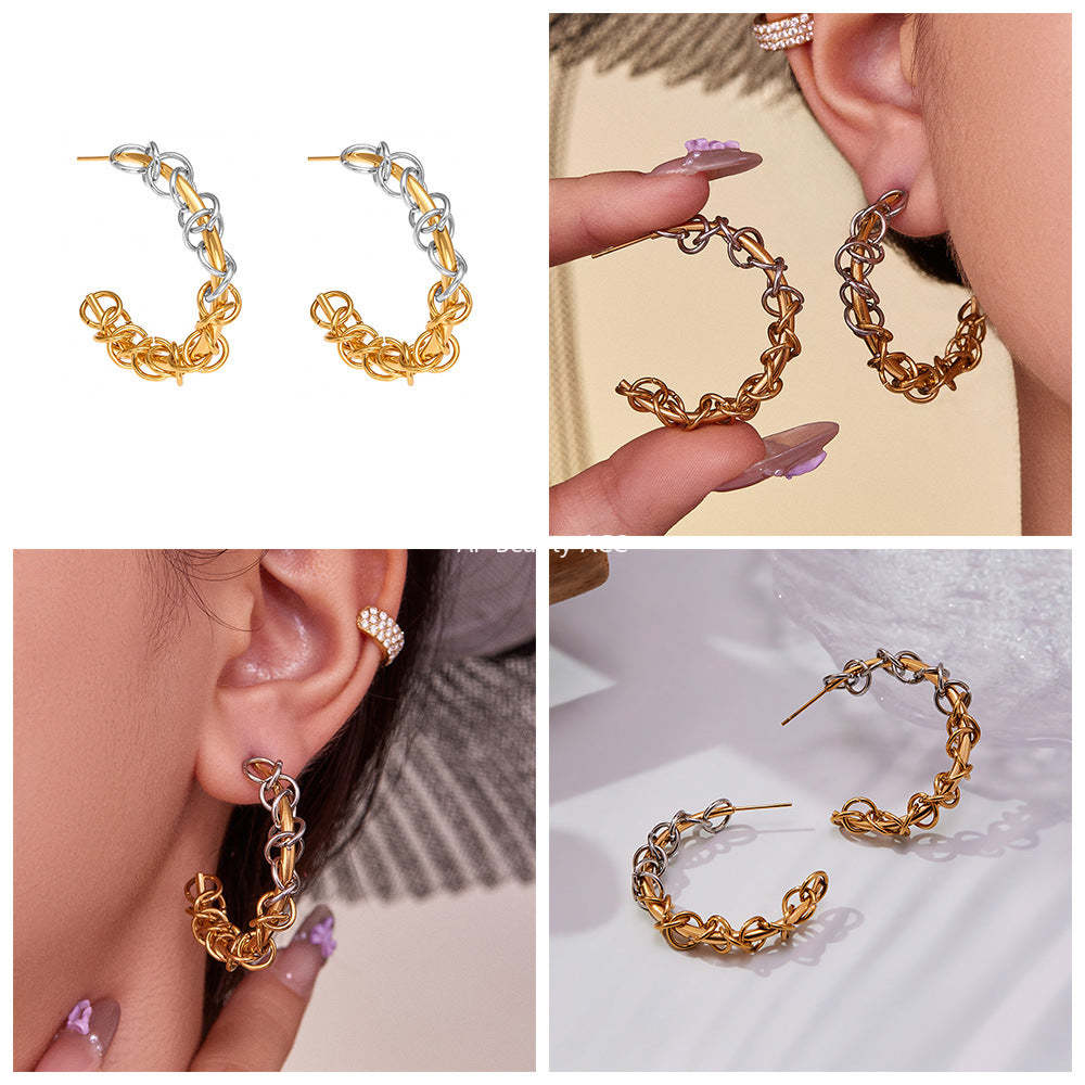 D관 - 스테인리스 18K 도금 투톤 꼬임 C형 귀걸이 [F677] 25.10-5