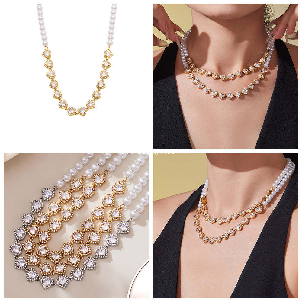 D관 - 18K 도금 스테인리스 스틸 핸드메이드 진주 하트 큐빅 목걸이 [P1735] 25.10-4