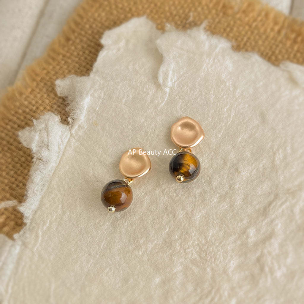 C관 - 925 은침 레트로 비정형 골드 천연석 호안석 귀걸이 [6994] 25.10-5