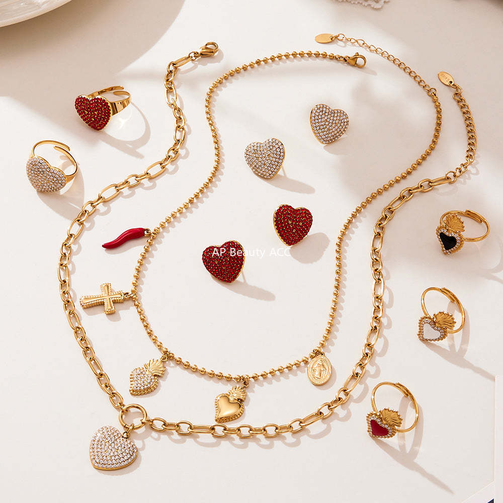 D관 - 18K 도금 스테인리스 스틸 큐빅 왕관 하트 반지 귀걸이 목걸이 [TXP450] 25.10-4