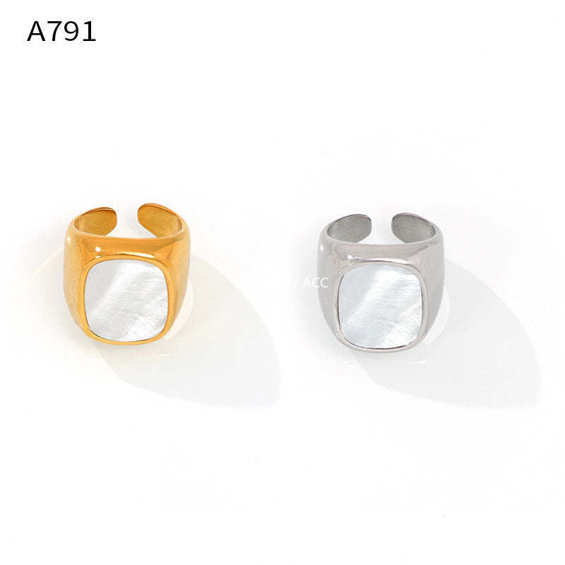 D관 - 티타늄 스틸 천연 화이트 자개 포인트 18K 도금 기하학적 반지 [A791] 24.05-3