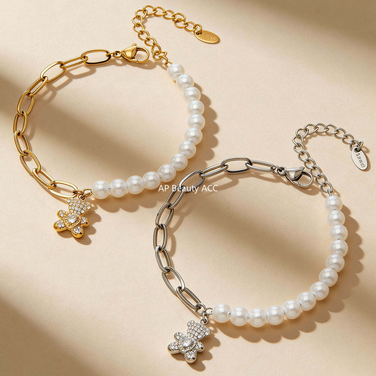 D관 - 스테인리스 스틸 18K 도금 큐빅 곰 펜던트 진주 팔찌 [E153-E162] 25.12-3