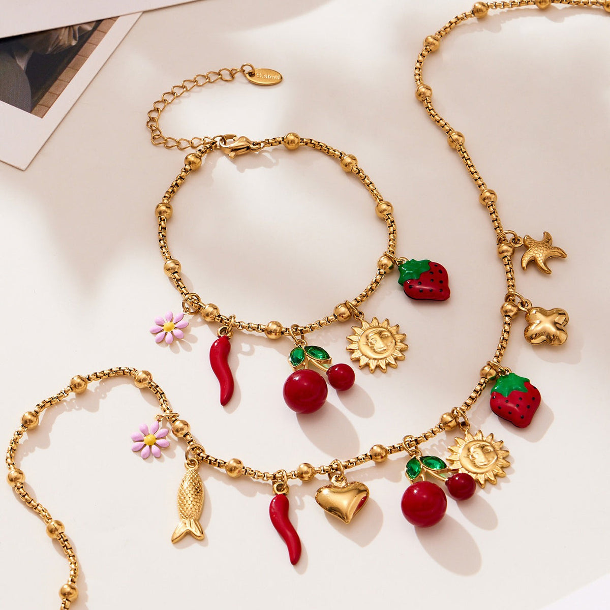 D관 - 18K 도금 스테인리스 스틸 체리 플라워 펜던트 목걸이 팔찌 [TXP449] 25.10-4