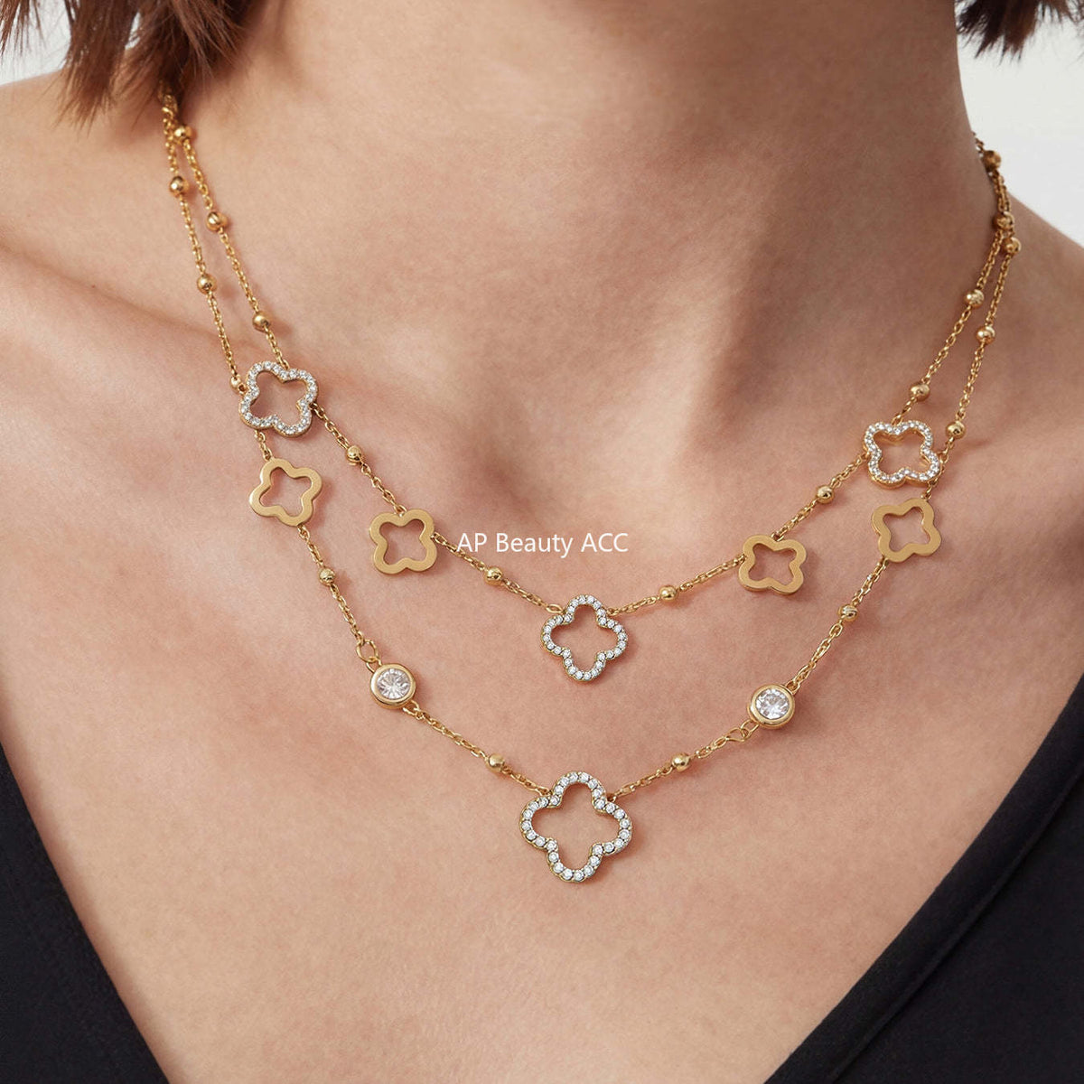 D관 - 스테인리스 스틸 18K 도금 클로버 큐빅 Y자 목걸이 [P664] 25.12-3