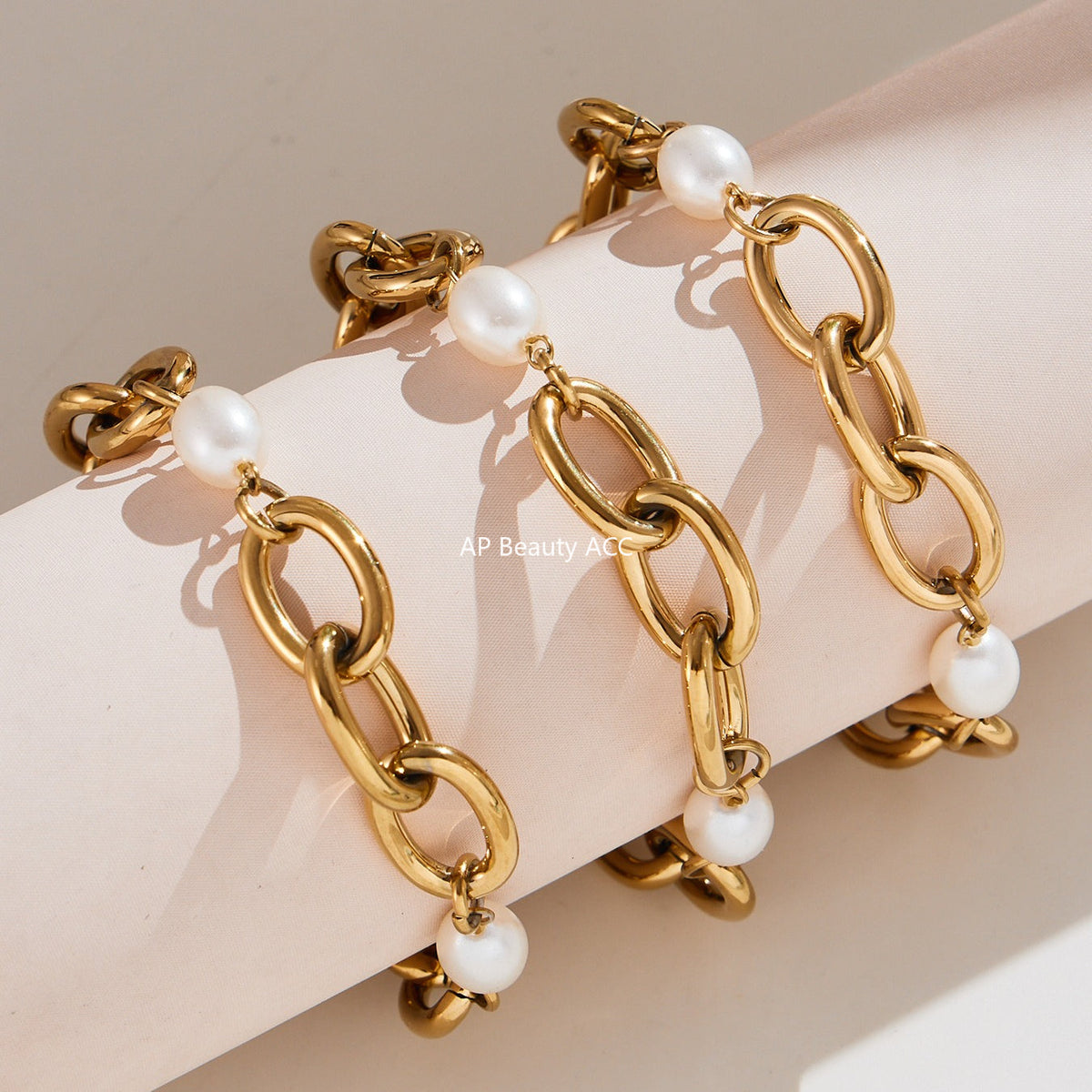 D관 - 18K 골드 도금 스테인리스 스틸 진주 핸드메이드 체인 팔찌 [E043] 25.10-1