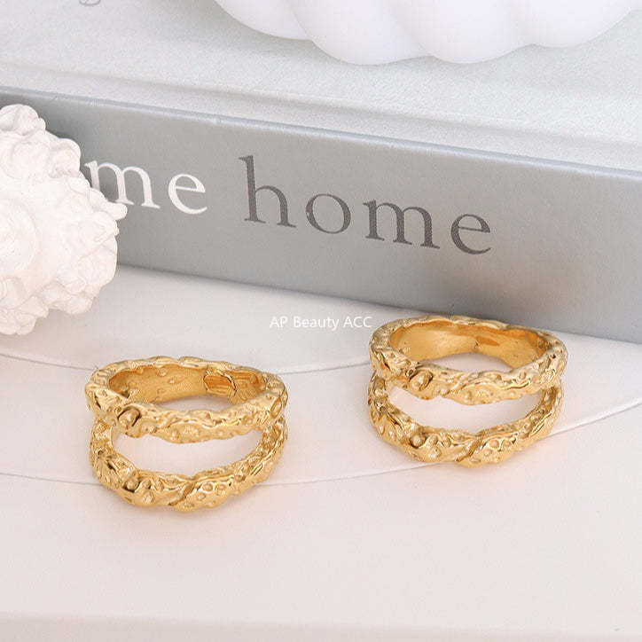 D관 - 더블 레이어 펀칭 디자인 티타늄 스틸 18K 도금 반지 [A225] 25.09-4