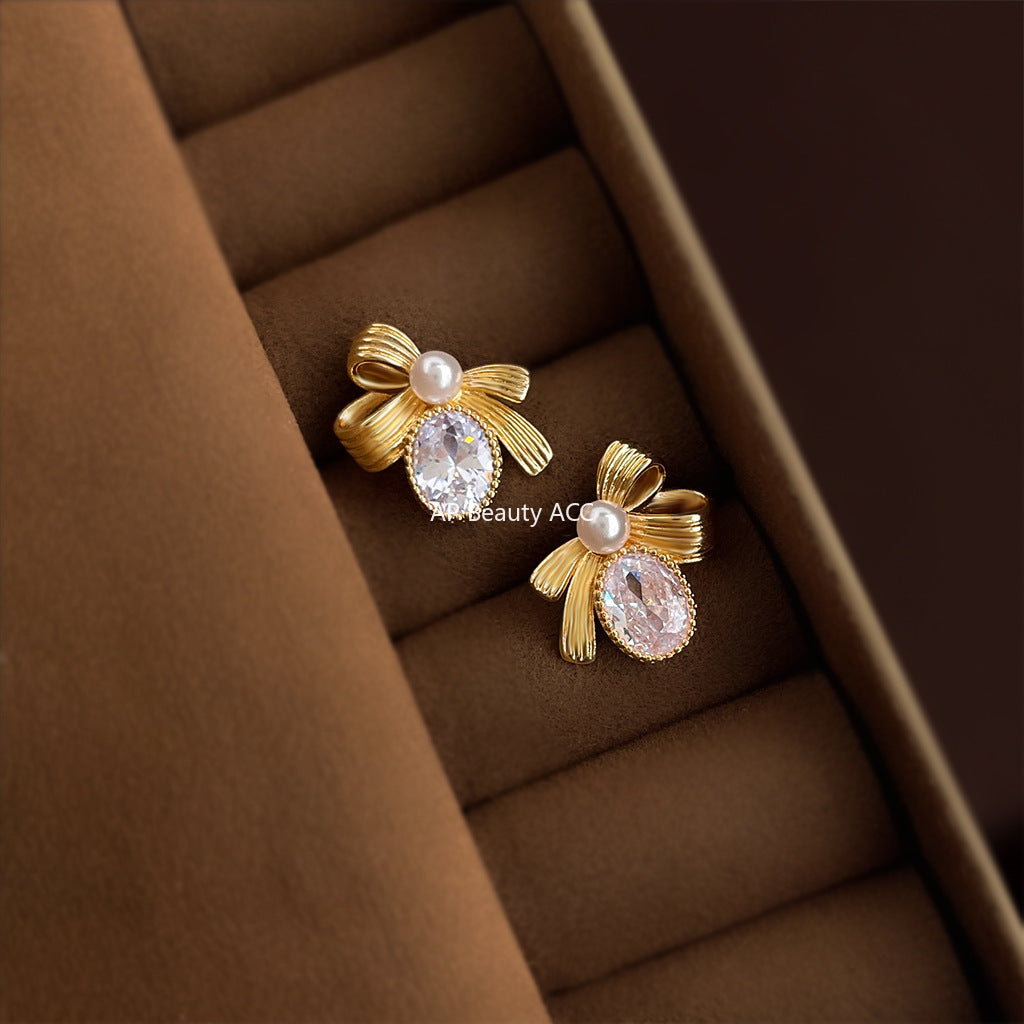 C관 - 925 은침 진주 큐빅 리본 귀걸이 [6913] 25.10-2