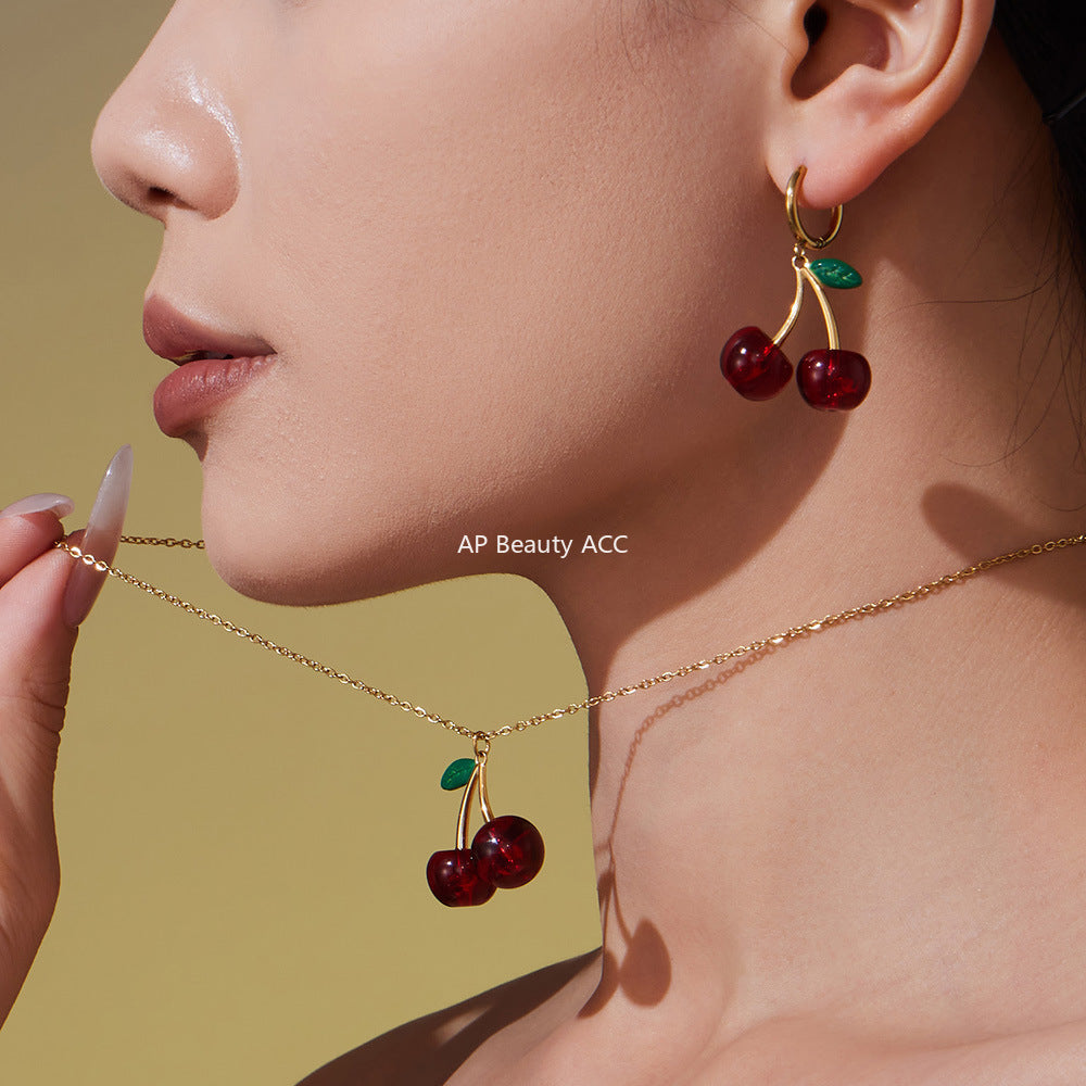 D관 - 스테인리스 스틸 체리 과일 펜던트 목걸이 귀걸이 [TXP423-TXF423] 25.10-2