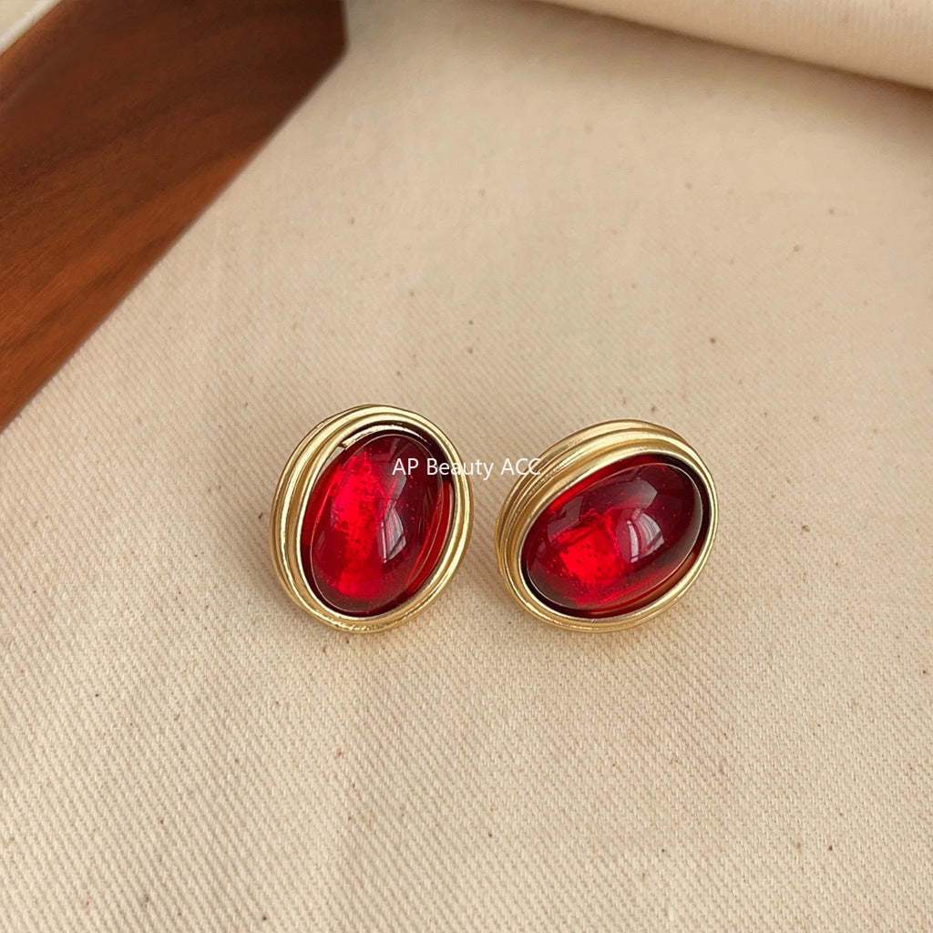 C관 - 프렌치 레트로 홍콩 스타일 와인 레드 타원형 14K 도금 무광 귀걸이 [3570-3571] 24.01-2