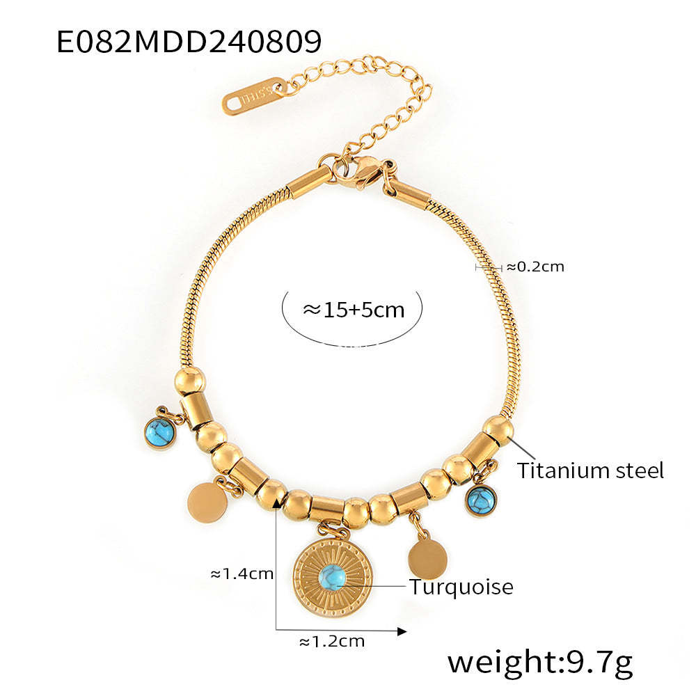 D관 - 유니크 블루 터쿼이즈 라운드 펜던트 티타늄 스틸 18K 도금 팔찌 목걸이 [TXP082-TXE082] 24.08-3