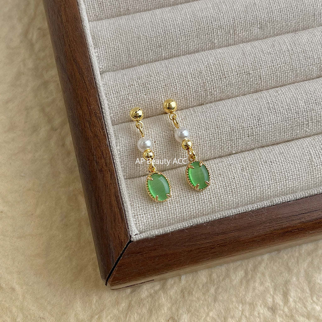 C관 - 그린톤 묘안석 물방울 디자인 핸드메이드 은침 귀걸이 [5576] 25.03-1