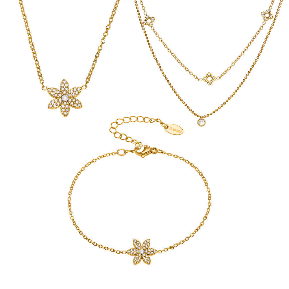 D관 - 스테인리스 스틸 플라워 풀큐빅 더블 레이어드 팔찌 목걸이 [TXP492] 25.11-4