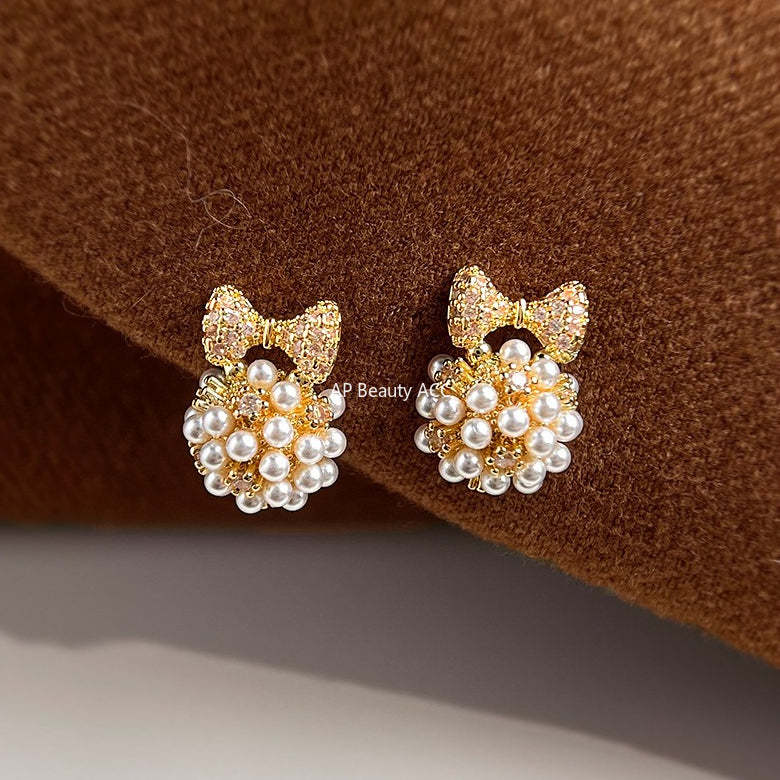 C관 - 리본 큐빅 진주 925 은침 귀걸이 [7204] 25.12-2