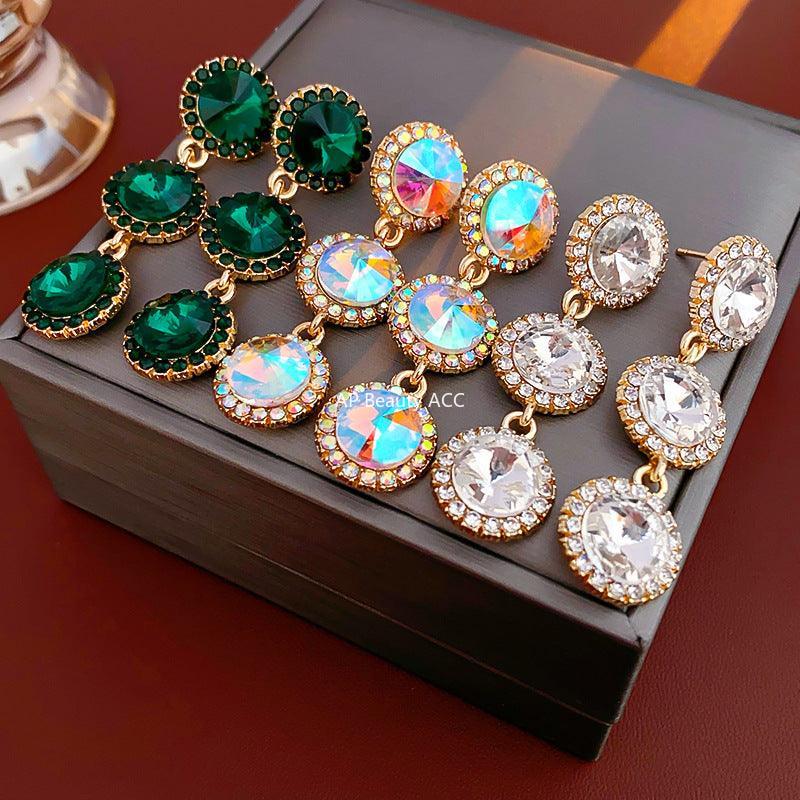 C관 - 실버 큐빅 롱 원형 컬러 크리스탈 유럽풍 모던 귀걸이 [E5450] 24.02-1