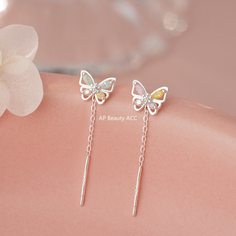 B관 - 999 실버 컬러 큐빅 나비 드롭 체인 귀걸이 [YC6414E] 25.11-2