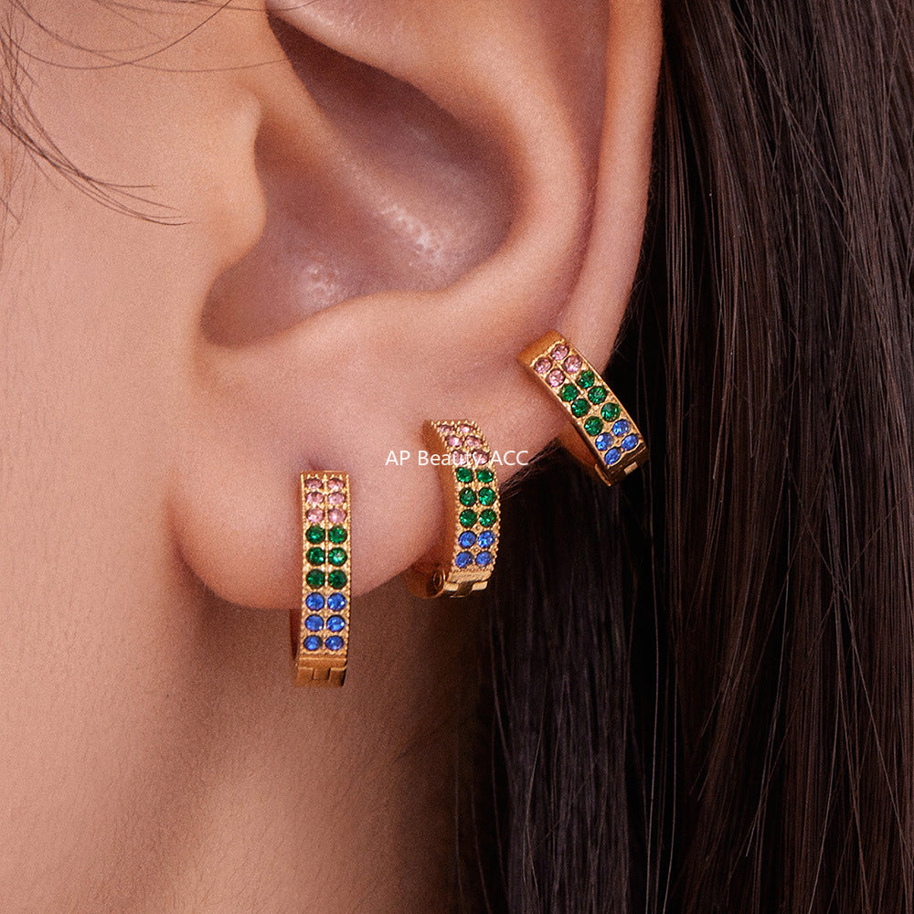 D관 - 스테인리스 18K 도금 C자형 멀티컬러 큐빅 귀걸이 [F798] 25.11-1