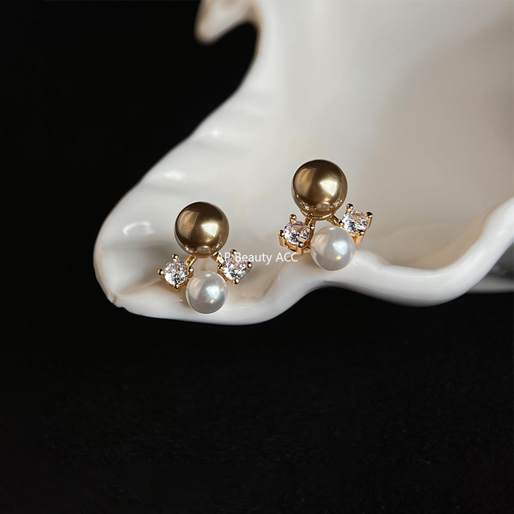 C관 - 925 은침 브라운 컬러 진주 큐빅 귀걸이 [6925] 25.10-3