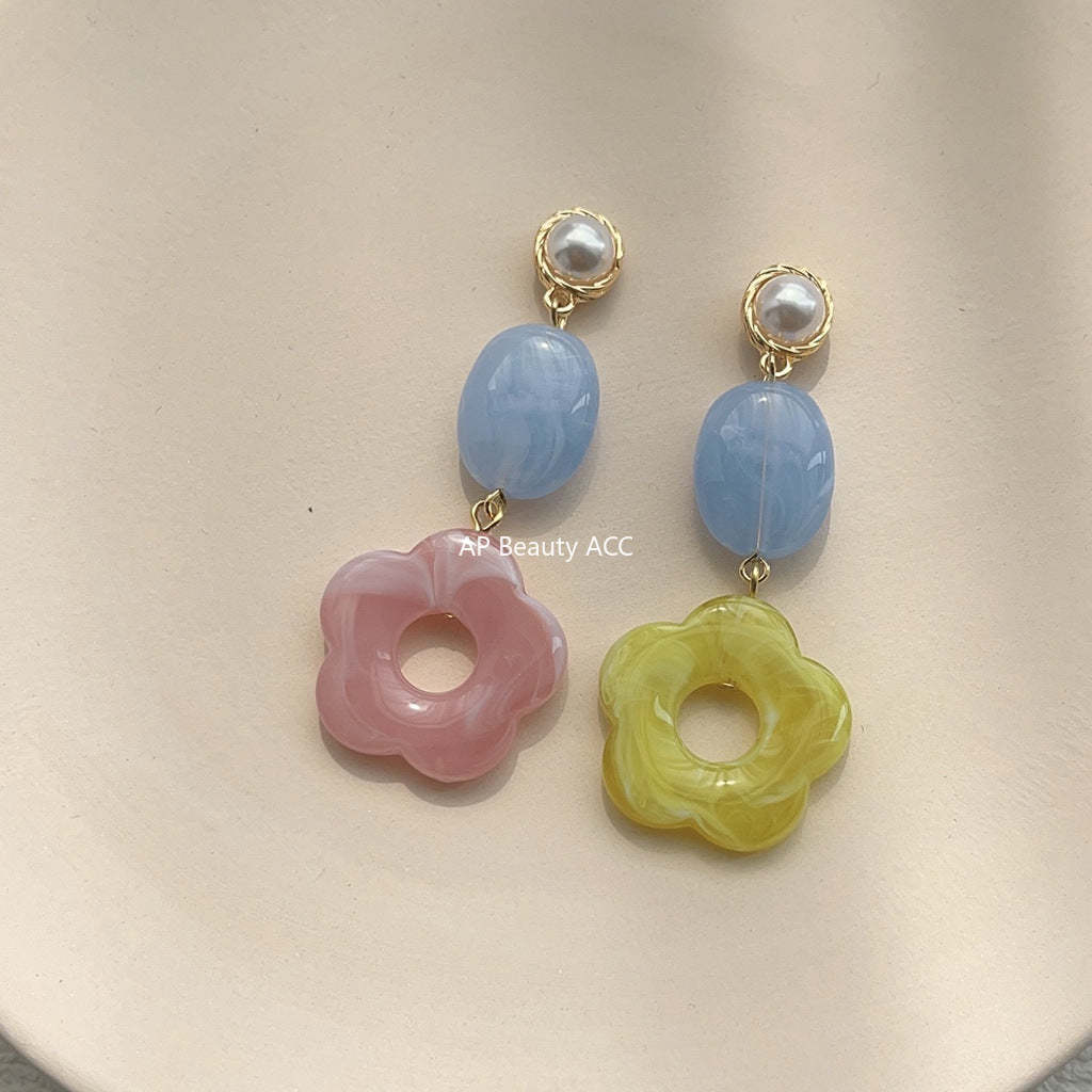 C관 - 상반된 디자인 핸드메이드 꽃 은침 귀걸이 [3728] 24.04-1