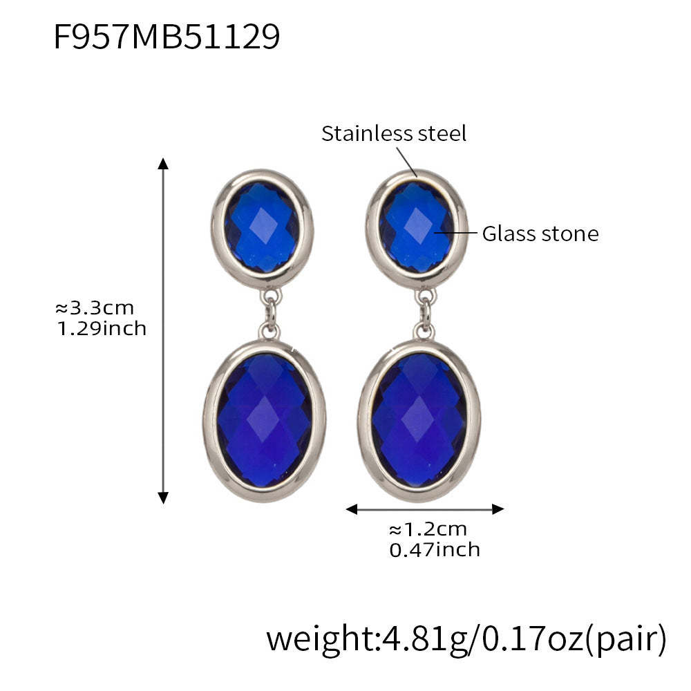 D관 - 스테인리스 스틸 18K 도금 타원 컷팅 글라스 스톤 펜던트 귀걸이 [F957] 25.12-1