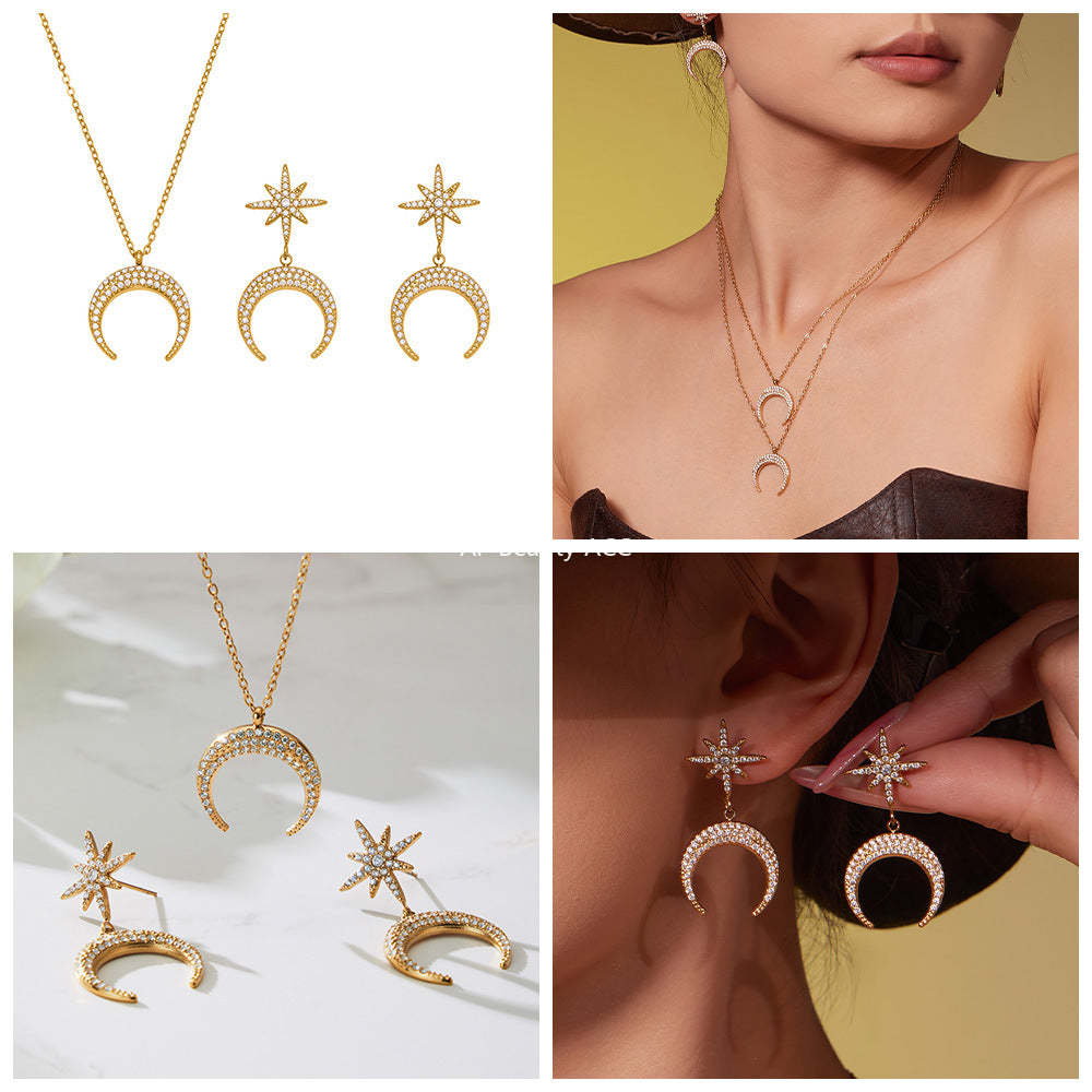 D관 - 스테인리스 스틸 팔각별 초승달 큐빅 펜던트 귀걸이 목걸이 [TXP485] 25.11-4