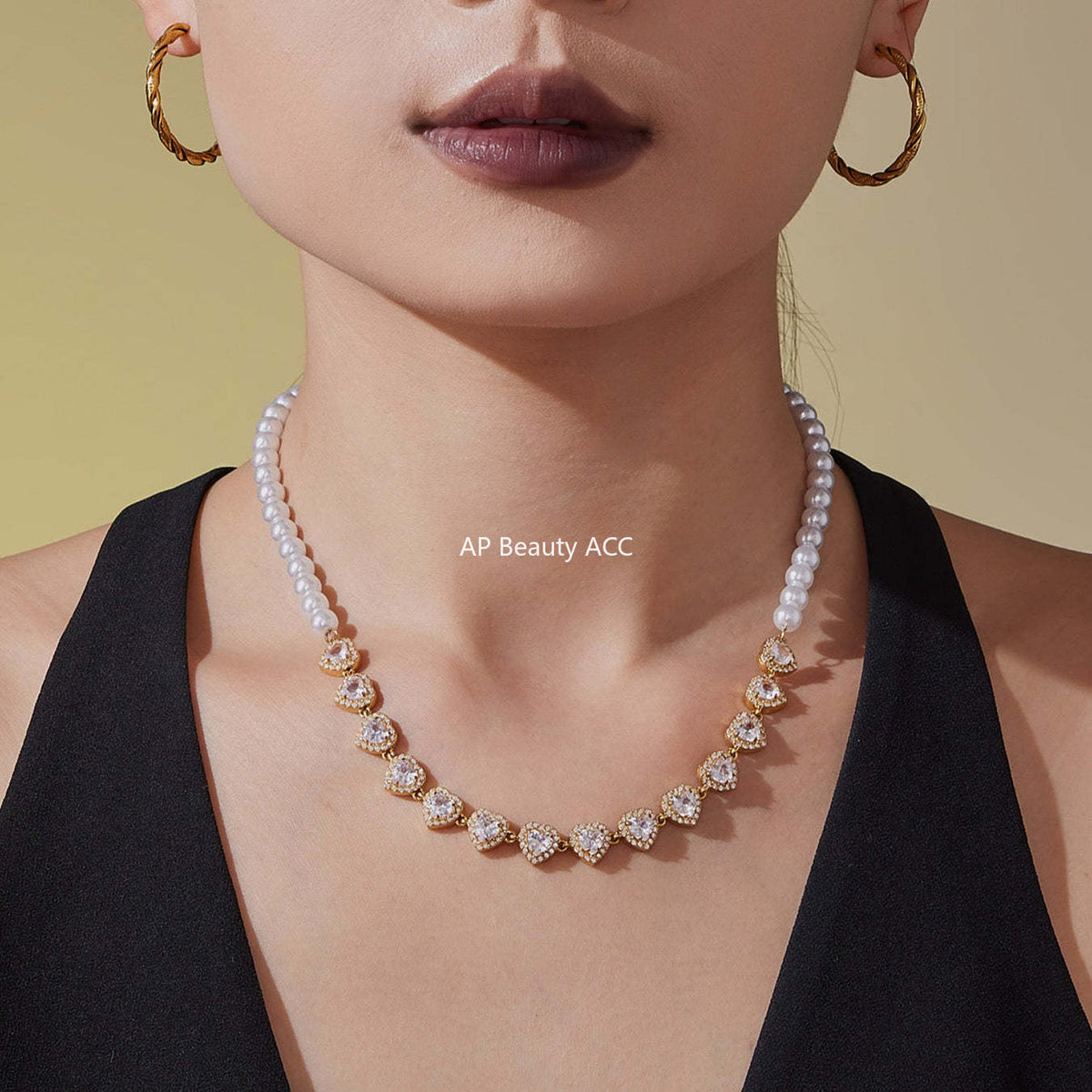 D관 - 18K 도금 스테인리스 스틸 핸드메이드 진주 하트 큐빅 목걸이 [P1735] 25.10-4