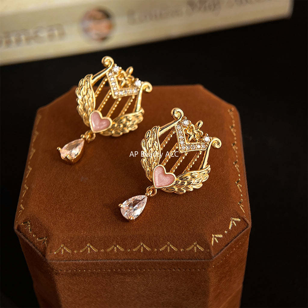 C관 - 하프 모양 하트 물방울 큐빅 925 은침 귀걸이 [7198] 25.12-1