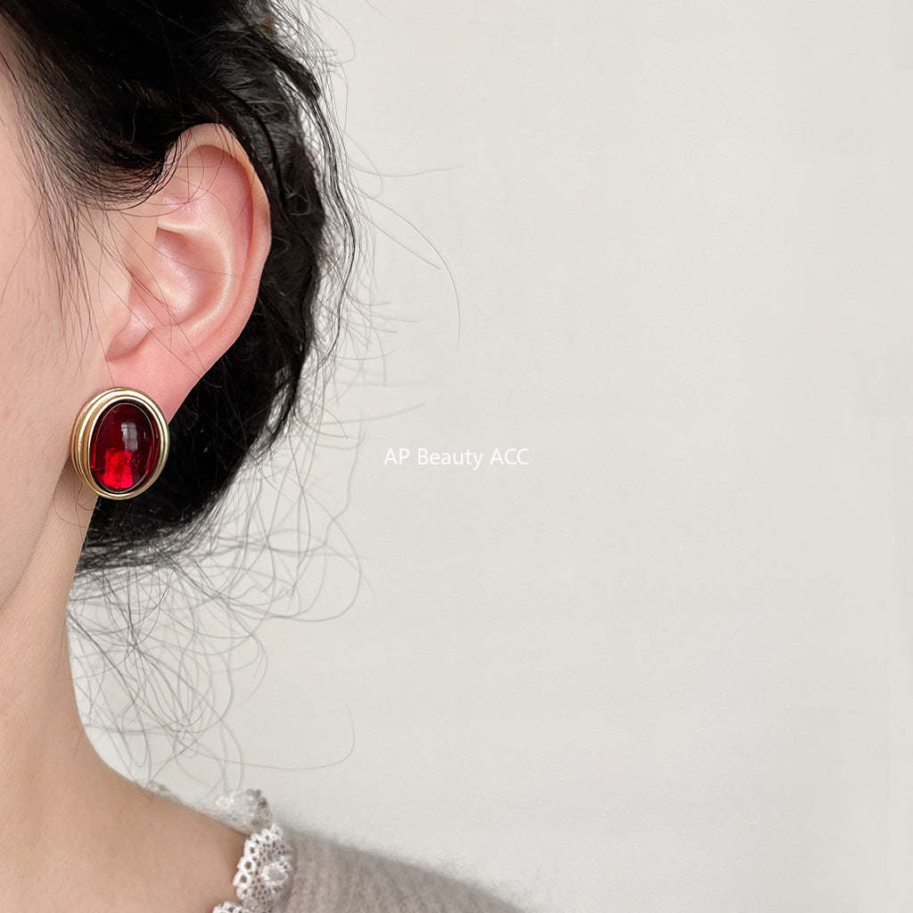 C관 - 프렌치 레트로 홍콩 스타일 와인 레드 타원형 14K 도금 무광 귀걸이 [3570-3571] 24.01-2