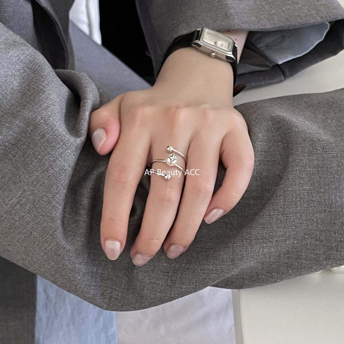 A관 - 925 실버 진주 사각별 회전 라인 디자인 반지 [JZ-0715] 25.10-5