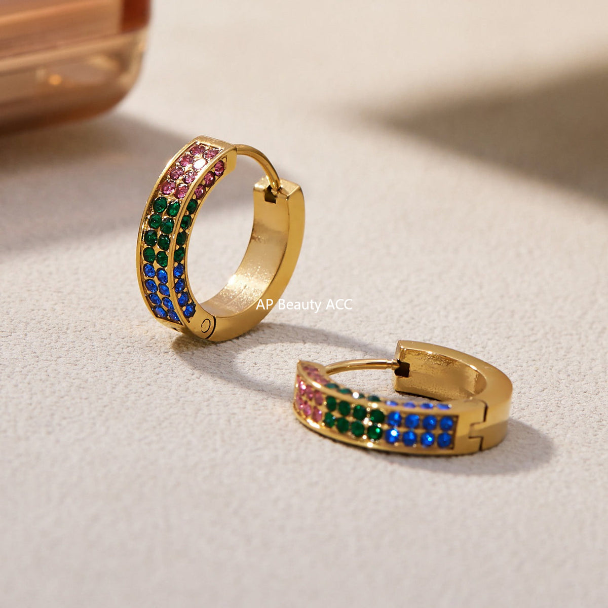 D관 - 스테인리스 컬러 큐빅 18K 도금 후프 링 귀걸이 [F930] 25.11-2
